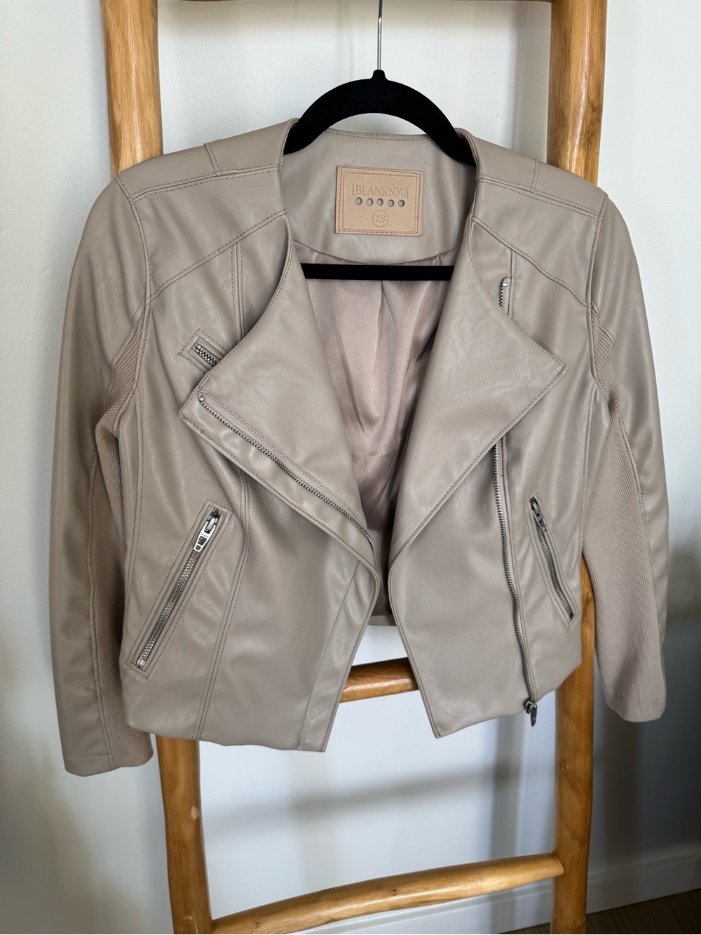 Blank NYC Beige Taupe Leather Moto Jacket
